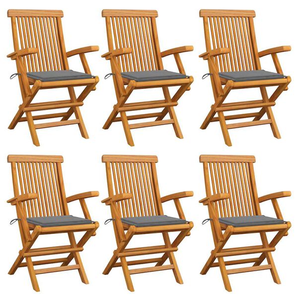 vidaXL Gartenst&uuml;hle mit Grauen Kissen 6 Stk. Massivholz Teak