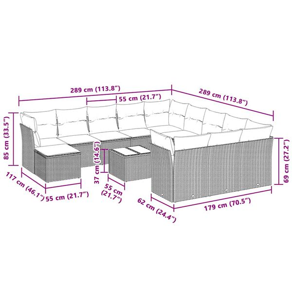 vidaXL 13-tlg. Garten-Sofagarnitur mit Kissen Hellgrau Poly Rattan