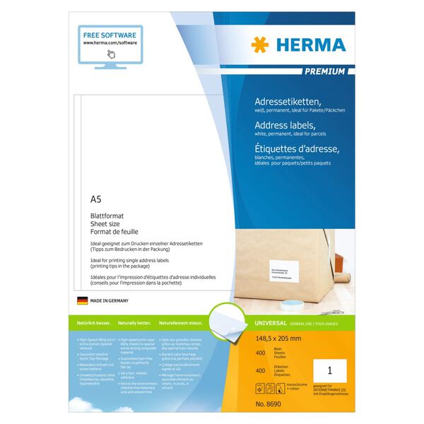 HERMA Etiketten PREMIUM Permanent Haftend A5 148,5x205 mm 400 Bl&auml;tter