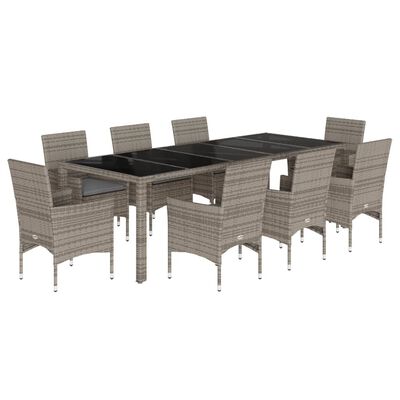 vidaXL 9-tlg. Garten-Essgruppe mit Kissen Grau Poly Rattan und Glas