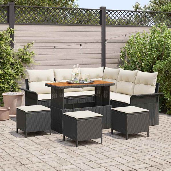vidaXL Garten-Sofa-Set mit Kissen mit Speicher 9 pcs Schwarz und Creme