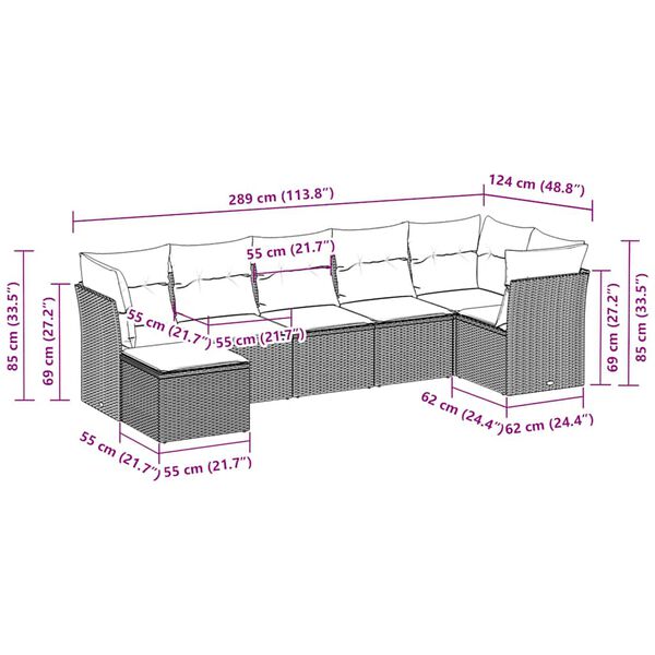 vidaXL 7-tlg. Garten-Sofagarnitur mit Kissen Hellgrau Poly Rattan