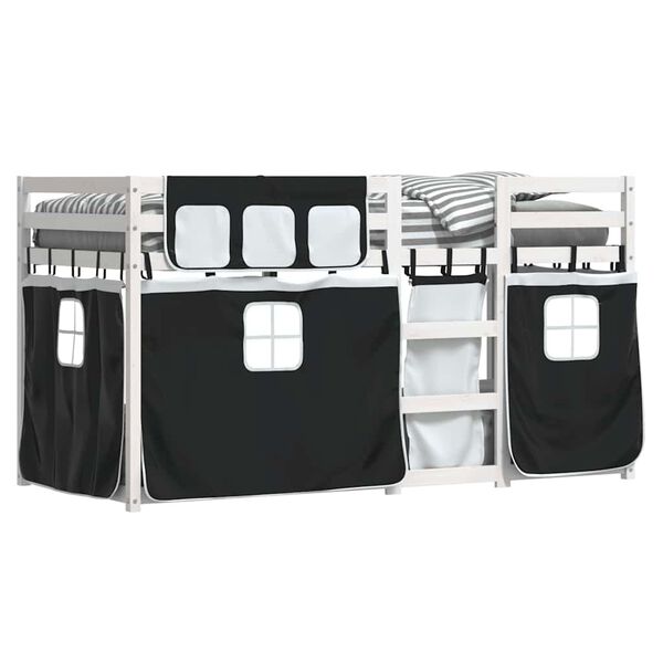 vidaXL Etagenbett mit Vorh&auml;ngen Wei&szlig; & Schwarz 80x200 cm Kiefernholz