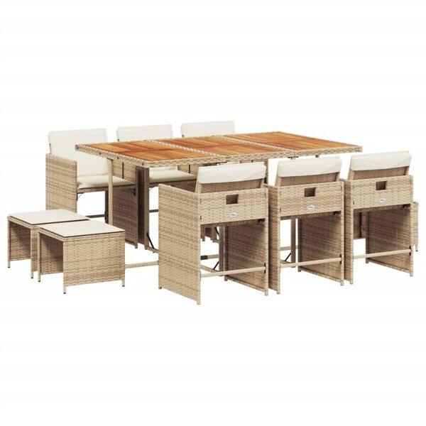 vidaXL 11-tlg. Garten-Essgruppe mit Kissen Beige Poly Rattan