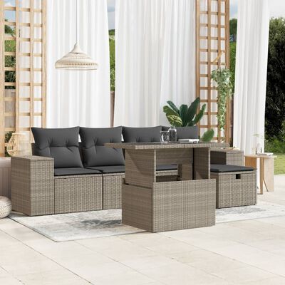 vidaXL 6-tlg. Garten-Sofagarnitur mit Kissen Hellgrau Poly Rattan