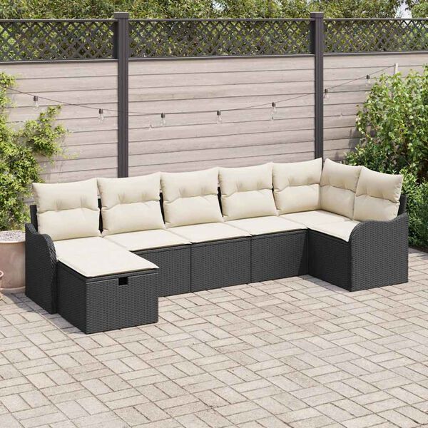 vidaXL Garten-Sofa-Set mit Kissen 7 pcs Schwarz Poly Rattan
