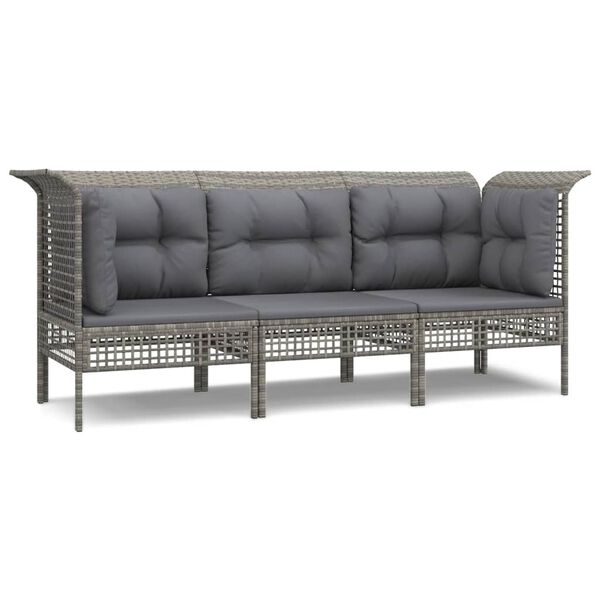 vidaXL 3-tlg. Garten-Lounge-Set mit Kissen Grau Poly Rattan
