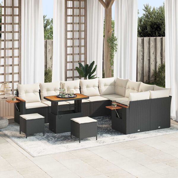 vidaXL Garten-Sofa-Set mit Kissen mit Speicher Schwarz Poly Rattan