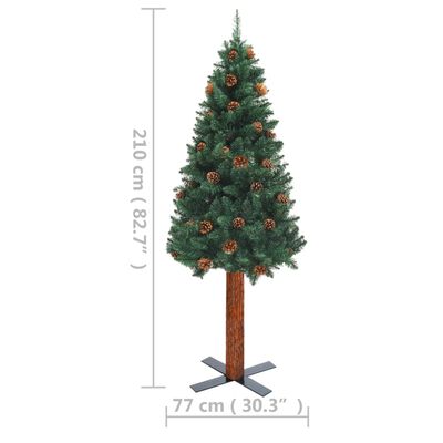 vidaXL Weihnachtsbaum Schlank mit Beleuchtung & Zapfen Echtholz 210 cm