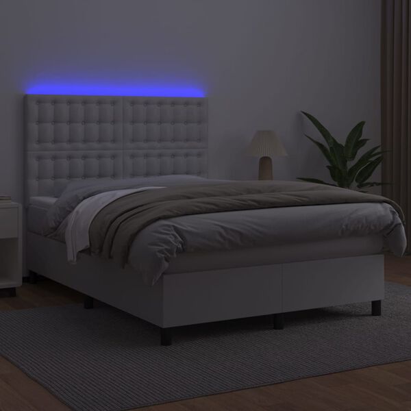 vidaXL Boxspringbett mit Matratze & LED Wei&szlig; 140x190 cm Kunstleder