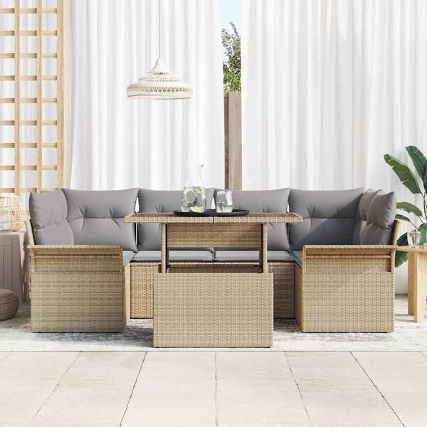vidaXL Garten-Sofa-Set mit Kissen 7 pcs Beige Poly Rattan
