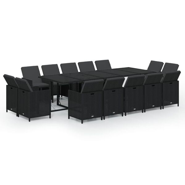 vidaXL 15-tlg. Garten-Essgruppe mit Kissen Poly Rattan Schwarz