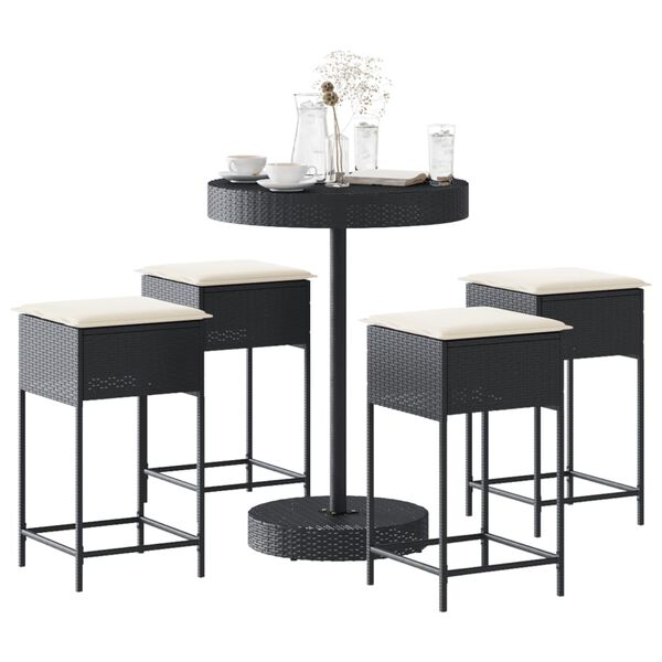 vidaXL 5-tlg. Gartenbar-Set mit Kissen Schwarz Poly Rattan