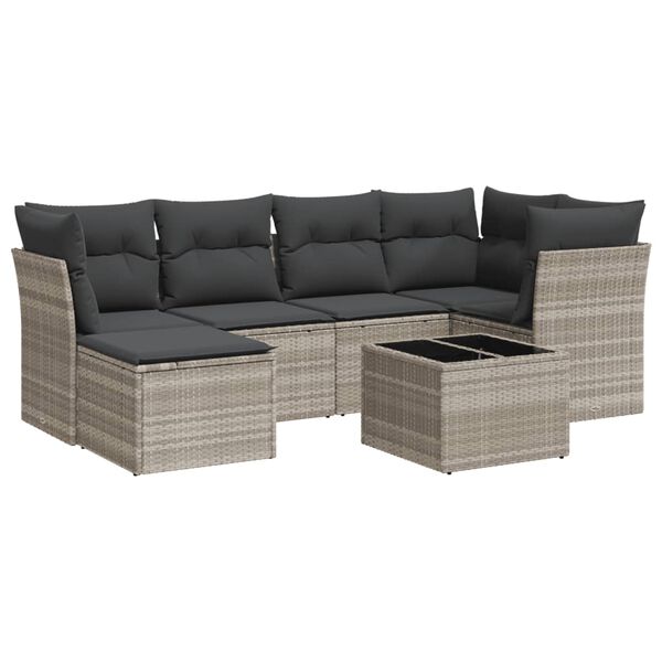 vidaXL 7-tlg. Garten-Sofagarnitur mit Kissen Hellgrau Poly Rattan
