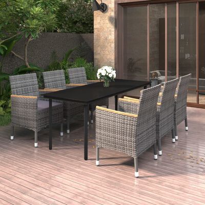 vidaXL 7-tlg. Garten-Essgruppe mit Kissen Poly Rattan und Glas