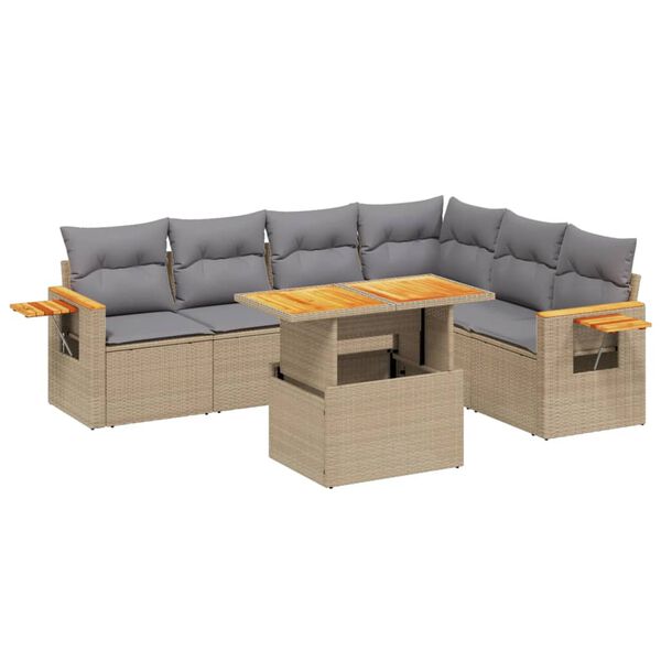 vidaXL 7-tlg. Garten-Sofagarnitur mit Kissen Beige Poly Rattan