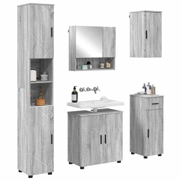 vidaXL Badezimmerm&ouml;bel-Set 5 pcs Graues Sonoma Holzwerkstoff & Metall