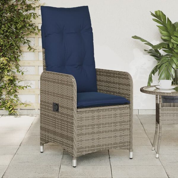 vidaXL Gartensessel Verstellbar mit Kissen Grau Poly Rattan