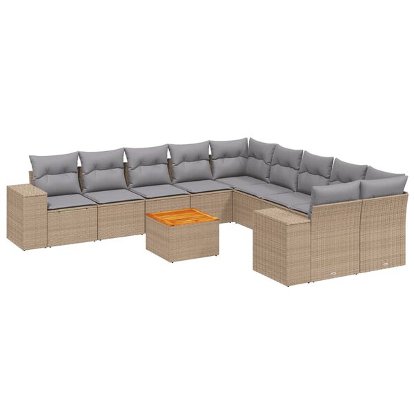 vidaXL 11-tlg. Garten-Sofagarnitur mit Kissen Beige Poly Rattan