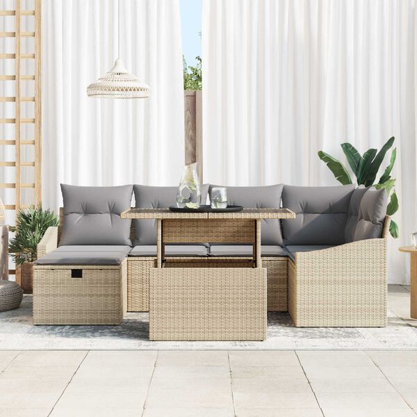 vidaXL Garten-Sofa-Set mit Kissen mit Speicher 7 pcs Beige Poly Rattan