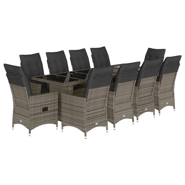 vidaXL 11-tlg. Garten-Bistro-Set mit Kissen Grau Poly Rattan