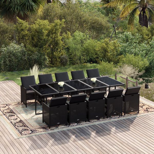 vidaXL 11-tlg. Garten-Essgruppe mit Kissen Poly Rattan Schwarz