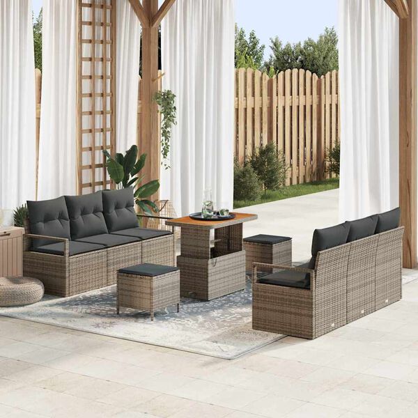 vidaXL Garten-Sofa-Set mit Kissen 9 pcs Grau Poly Rattan