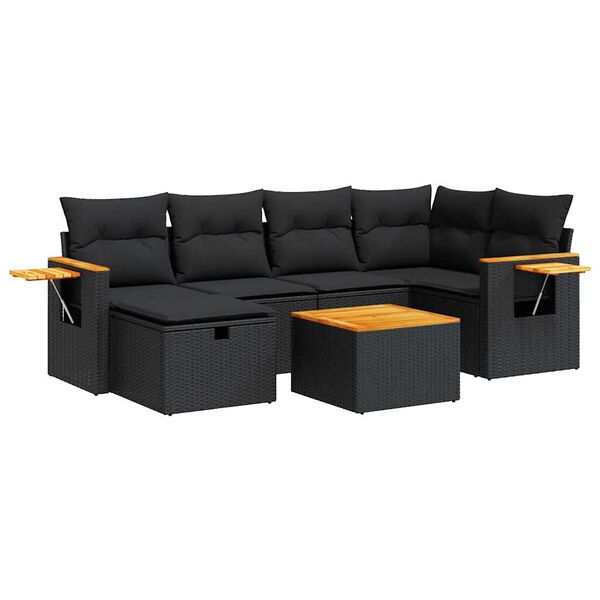 vidaXL 7-tlg. Garten-Sofagarnitur mit Kissen Schwarz Poly Rattan