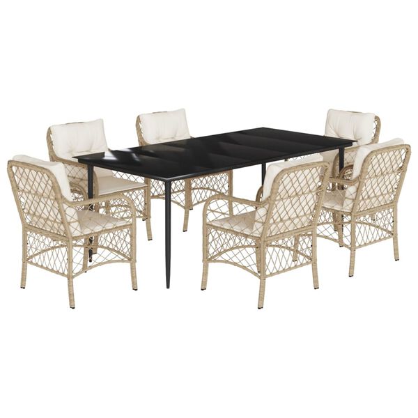 vidaXL 7-tlg. Garten-Essgruppe mit Kissen Beige Poly Rattan
