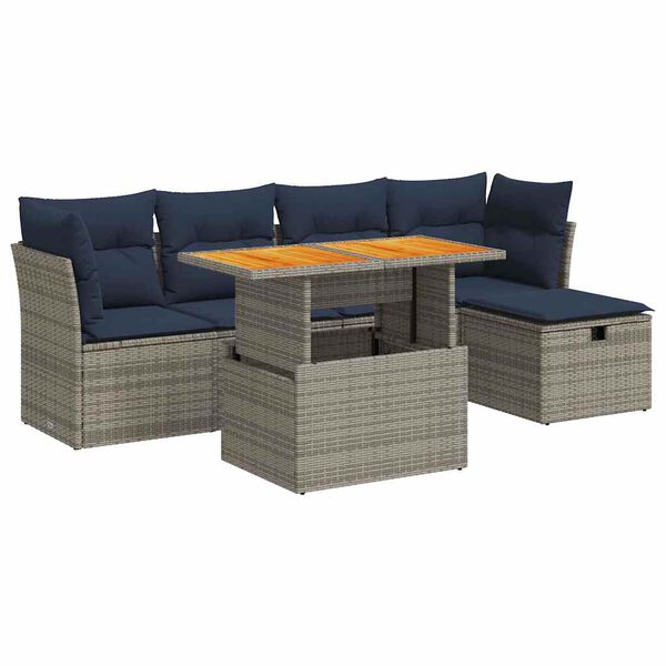 vidaXL 6-tlg. Garten-Sofagarnitur mit Kissen Grau Poly Rattan Akazie