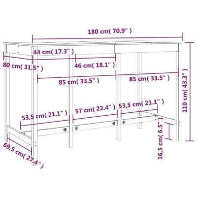 vidaXL Bartisch Weiß 180x80x110 cm Massivholz Kiefer