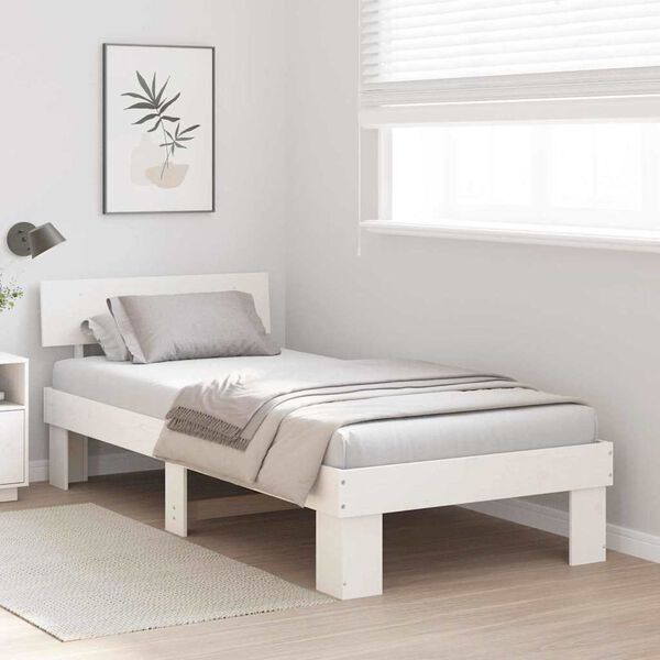 vidaXL Bettrahmen mit Kopfteil Wei&szlig; 90 x 200 cm Massives Kiefernholz