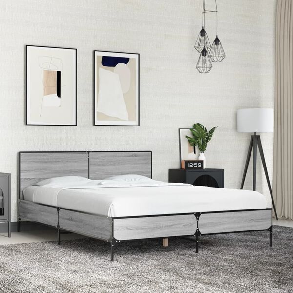 vidaXL Bettgestell Grau Sonoma 135x190 cm Holzwerkstoff und Metall