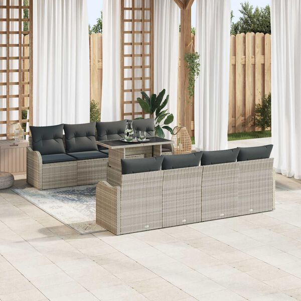 vidaXL Garten-Sofa-Set mit Kissen 9 pcs Hellgrau Poly Rattan