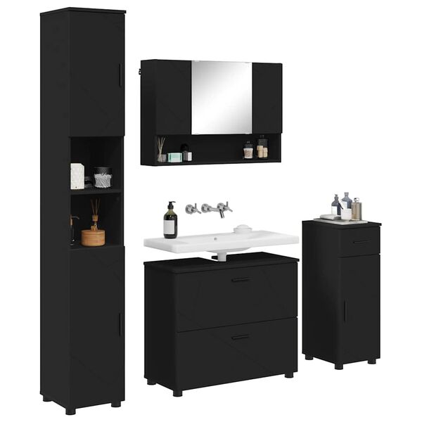 vidaXL Badezimmerm&ouml;bel-Set mit T&uuml;r 4 pcs Schwarz Sperrholz und Metall