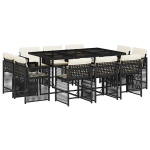 vidaXL 11-tlg. Garten-Essgruppe mit Kissen Schwarz Poly Rattan
