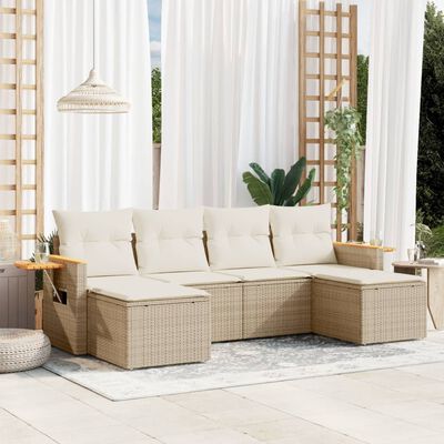 vidaXL 6-tlg. Garten-Sofagarnitur mit Kissen Beige Poly Rattan