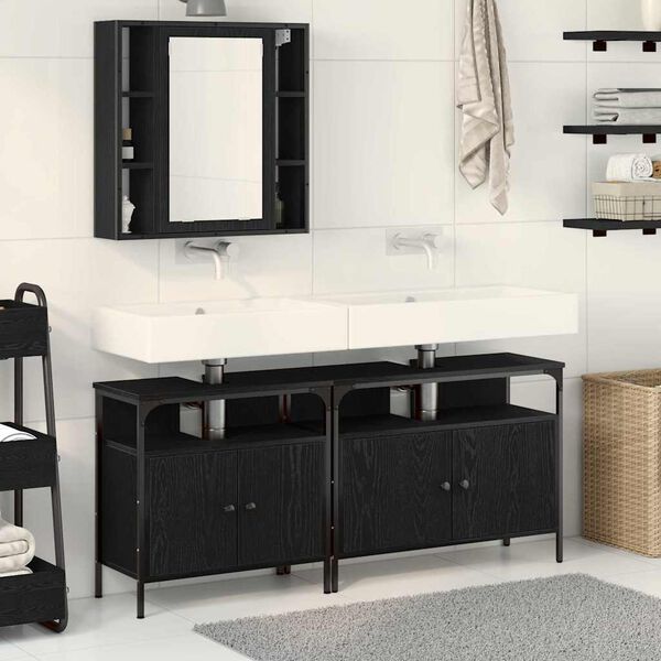 vidaXL Badezimmer Waschbeckenm&ouml;bel mit T&uuml;r 3 pcs Schwarz Holzwerkstoff
