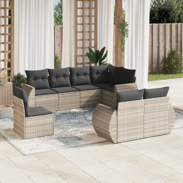 vidaXL 8-tlg. Garten-Sofagarnitur mit Kissen Hellgrau Poly Rattan