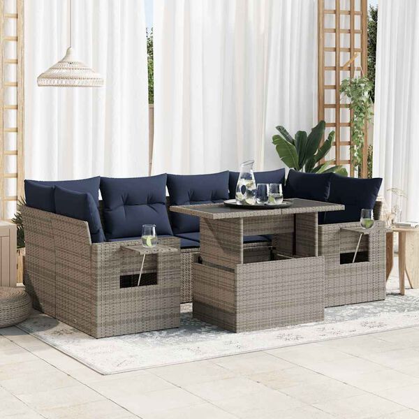 vidaXL 7-tlg. Garten-Sofagarnitur mit Kissen Grau Poly Rattan