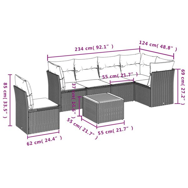 vidaXL 7-tlg. Garten-Sofagarnitur mit Kissen Beige Poly Rattan
