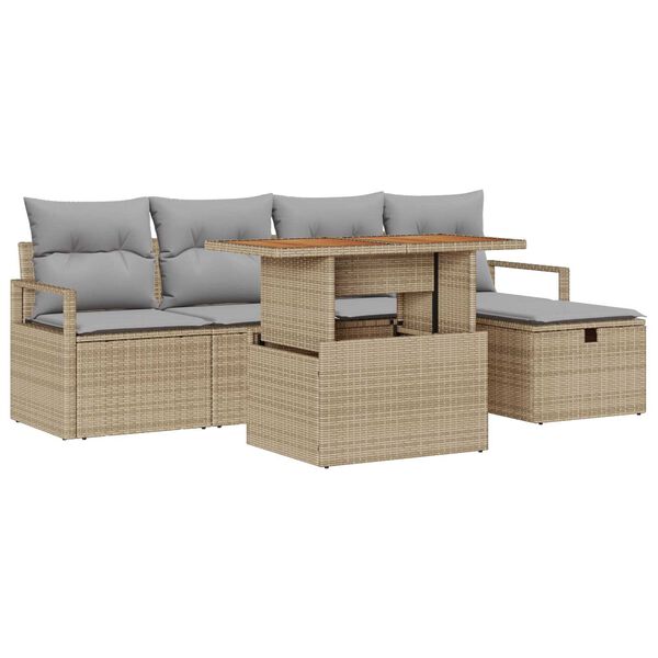 vidaXL Garten-Sofa-Set mit Kissen mit Speicher 6 pcs Beige Poly Rattan