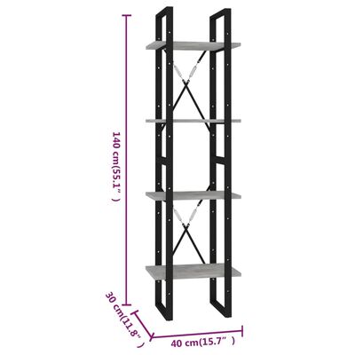 vidaXL Bücherregal 4 Fächer Betongrau 40x30x140 cm Holzwerkstoff