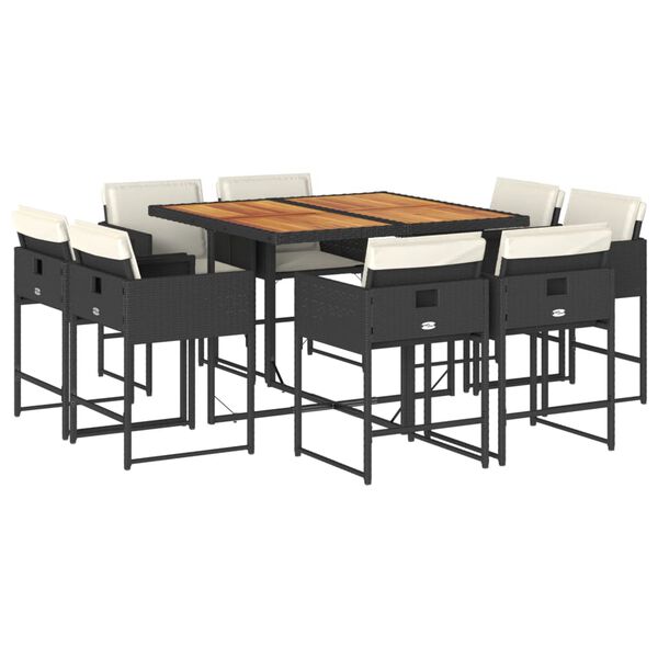 vidaXL 9-tlg. Garten-Essgruppe mit Kissen Schwarz Poly Rattan
