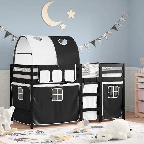 vidaXL Kinderhochbett mit Tunnel Wei&szlig; & Schwarz 90x190 cm Kiefernholz
