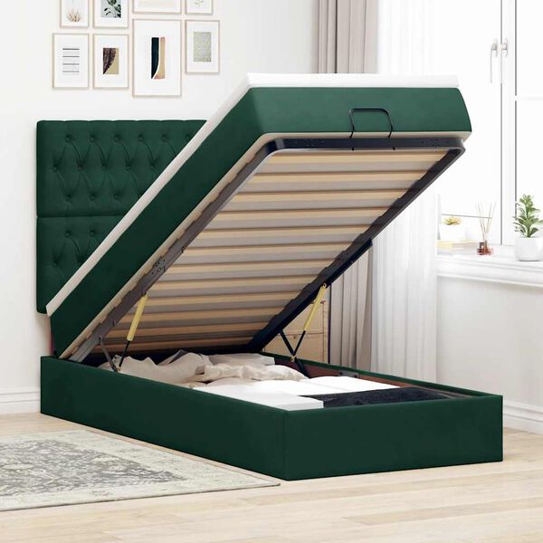 vidaXL Ottoman-Bett mit Matratzen & LEDs Dunkelgr&uuml;n 100x200 cm Samt