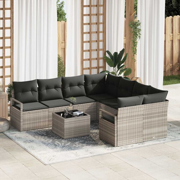 vidaXL Sofa Set mit Kissen 9 pcs Hellgrau und Schwarz Poly-Rattan