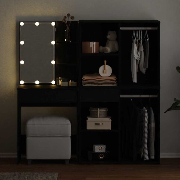 vidaXL LED Schminktisch Set Schwarz Eichen-Optik 140 x 40 x 140 cm