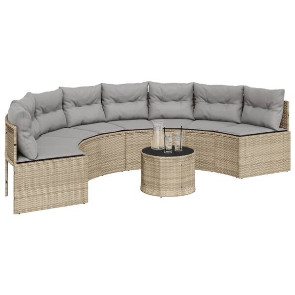 vidaXL Gartensofa mit Tisch und Kissen Halbrund Beige Poly-Rattan