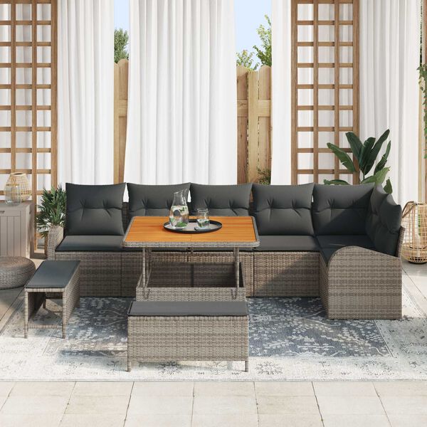 vidaXL Garten-Sofa-Set mit Kissen 9 pcs Grau Poly Rattan